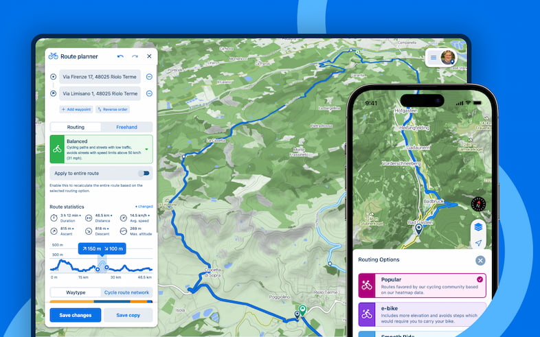 Planning a cycling route in the bikemap app