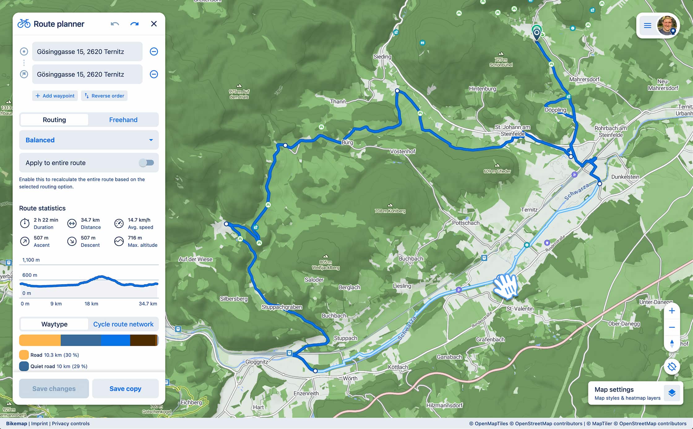 A route with multiple control points and segments in the Bikemap route planner A route with multiple control points and segments in the Bikemap route planner