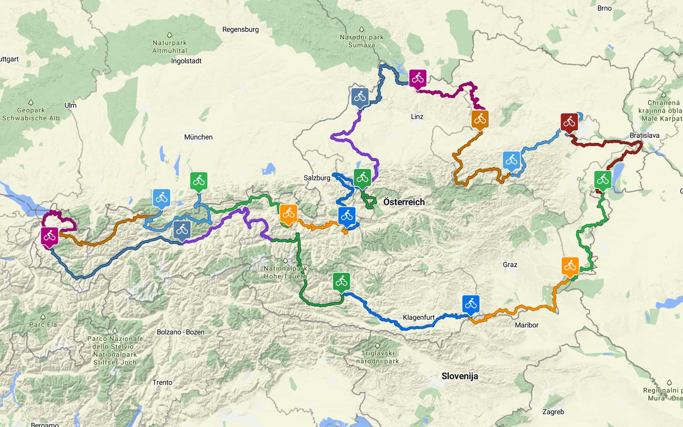 All legs of a multi-day cycling tour in Bikemap plotted together on the map in different colors. All legs of a multi-day cycling tour in Bikemap plotted together on the map in different colors.