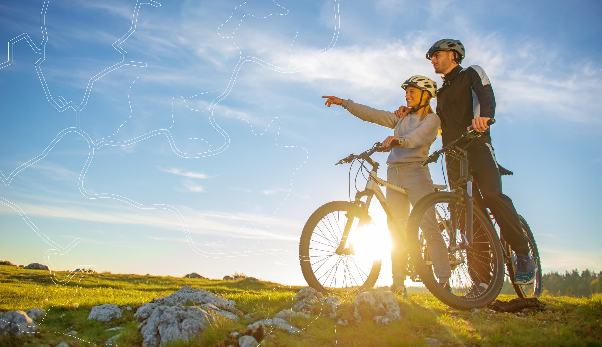 Calculate your ride with Bikemap's free planner and get detailed estimations. Cyclists pointing into a direction