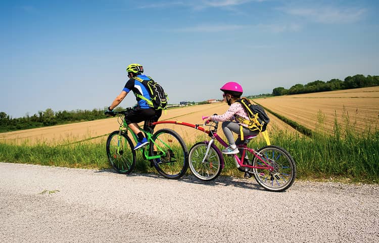 Father and child riding with their bicycles tied together