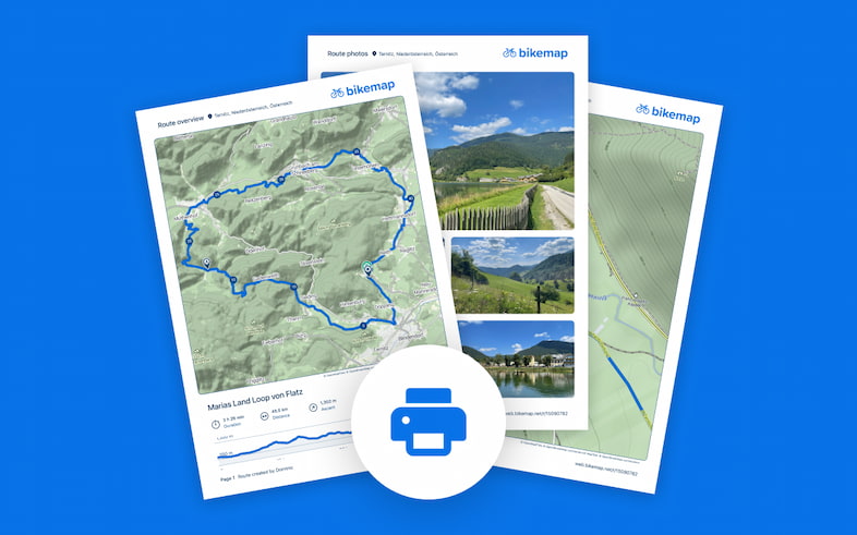 Printout of a Bikemap cycling route including map, description, statistics, images and custom areas Printout of a Bikemap cycling route including map, description, statistics, images and custom areas
