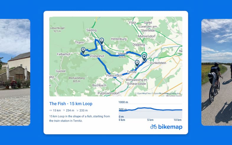 Map and detailed information of a cycling route in a compact Bikemap widget, which you can embed on your own website Map and detailed information of a cycling route in a compact Bikemap widget, which you can embed on your own website